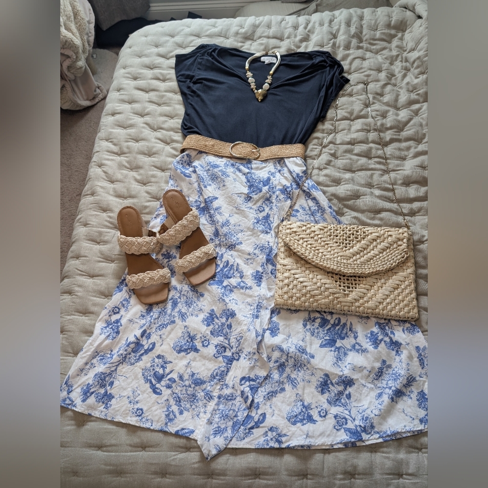 Linen Blend Land N' Sea Blue and White A-Line Midi Skirt With Front Ruffle